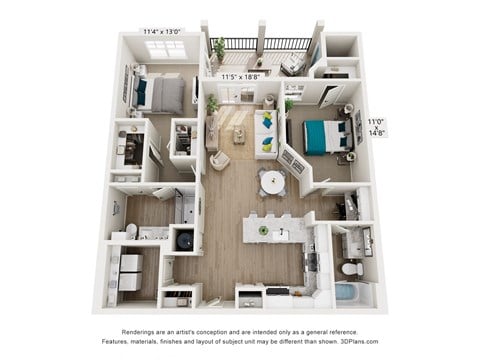 Floor plan for 2 beds, 2 baths, 1206 sqft